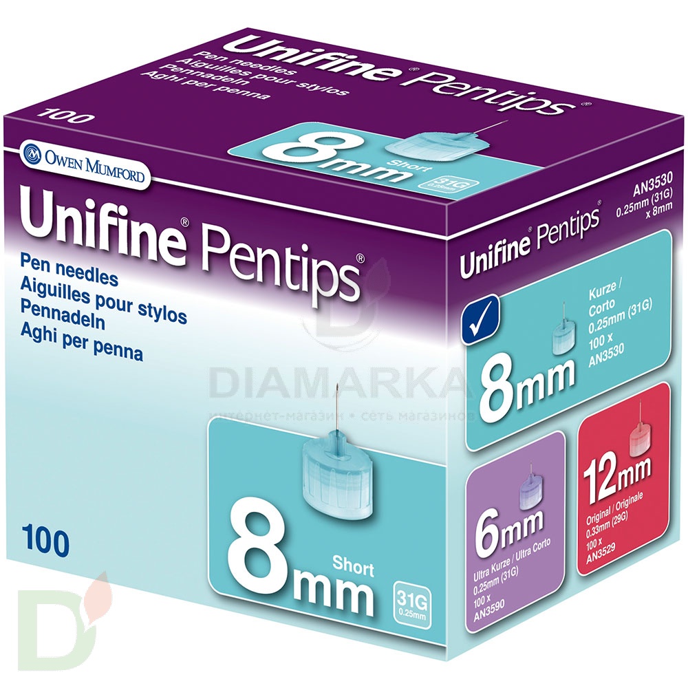 Иглы Юнифайн (Unifine Pentips) 31G 8 мм, 100 штук, для шприц-ручек