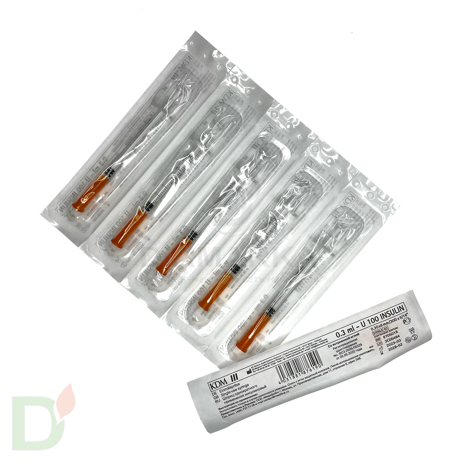 Шприцы инсулиновые KDM 100МЕ/0,3мл с иглой 30G (0.30мм*8мм), 10 шт ...