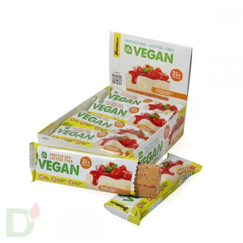 Батончик BOMBBAR Веган протеиновый Банановый торт с клубникой 60гр.